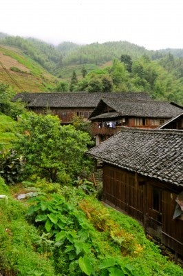Wooden buildings are large, but dark and well integrated into the landscape.