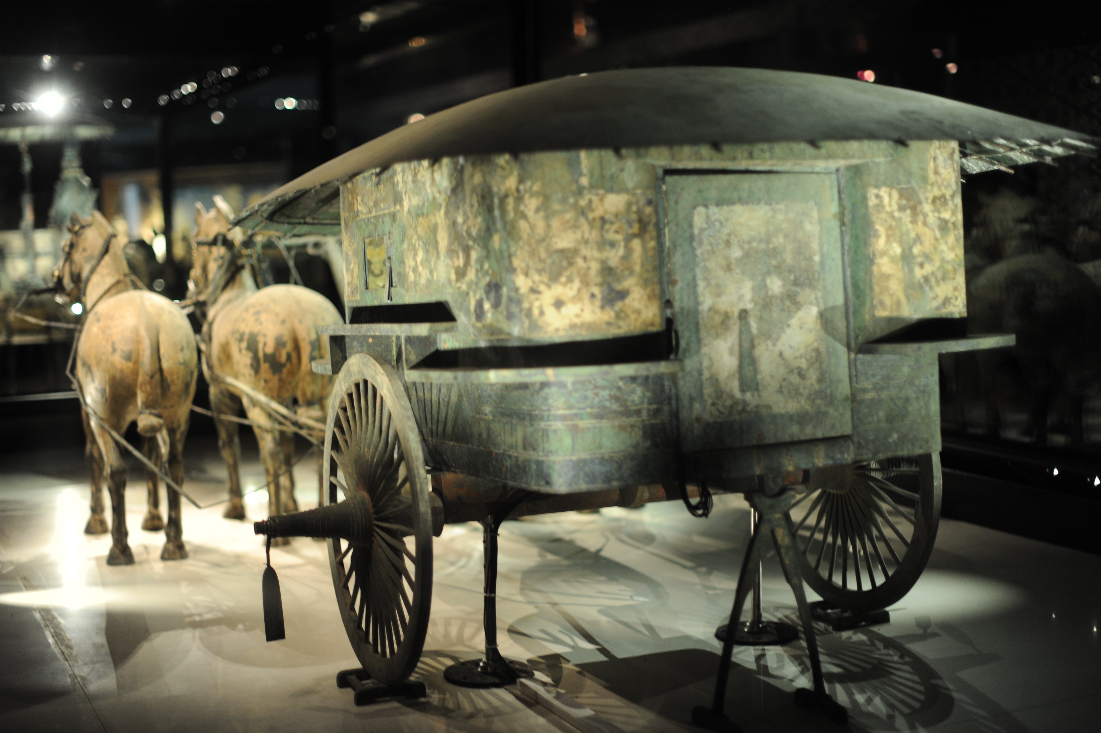 Half actual size bronze chariot made of 3600 pieces found near the burial mound of emperor Qin Shi Huangdi's tomb.