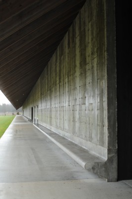 Walls are made of rough, honest concrete, free of elaborate finishing. Integrated bench runs full length of the building. 