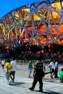 EXTERIOR EVENING NIGHT LIGHTS RED ORANGE GLOW Herzog de Meuron Beijing National Stadium Bird's Nest