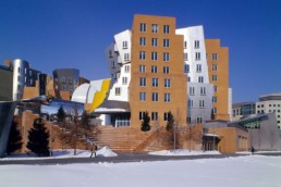 Ray & Maria Strata Center in Cambridge Massachusetts by Architect Frank Gehry photographed by Larry Speck on a clear day with snow. Interior and Exterior.