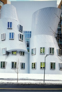 Ray & Maria Strata Center in Cambridge Massachusetts by Architect Frank Gehry photographed by Larry Speck on a clear day with snow. Interior and Exterior.