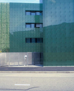 EXTERIOR green glass Herzog de Meuron Institute for Hospital Pharmaceuticals-Rossettiareal, Basel, Switzerland