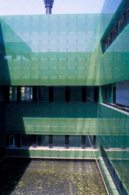 EXTERIOR green glass Herzog de Meuron Institute for Hospital Pharmaceuticals-Rossettiareal, Basel, Switzerland